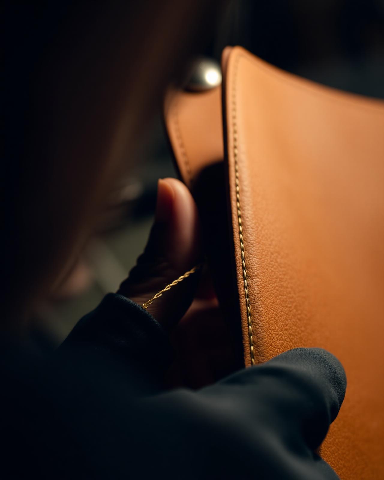 Master craftsman hand-stitching luxury leather with gold thread