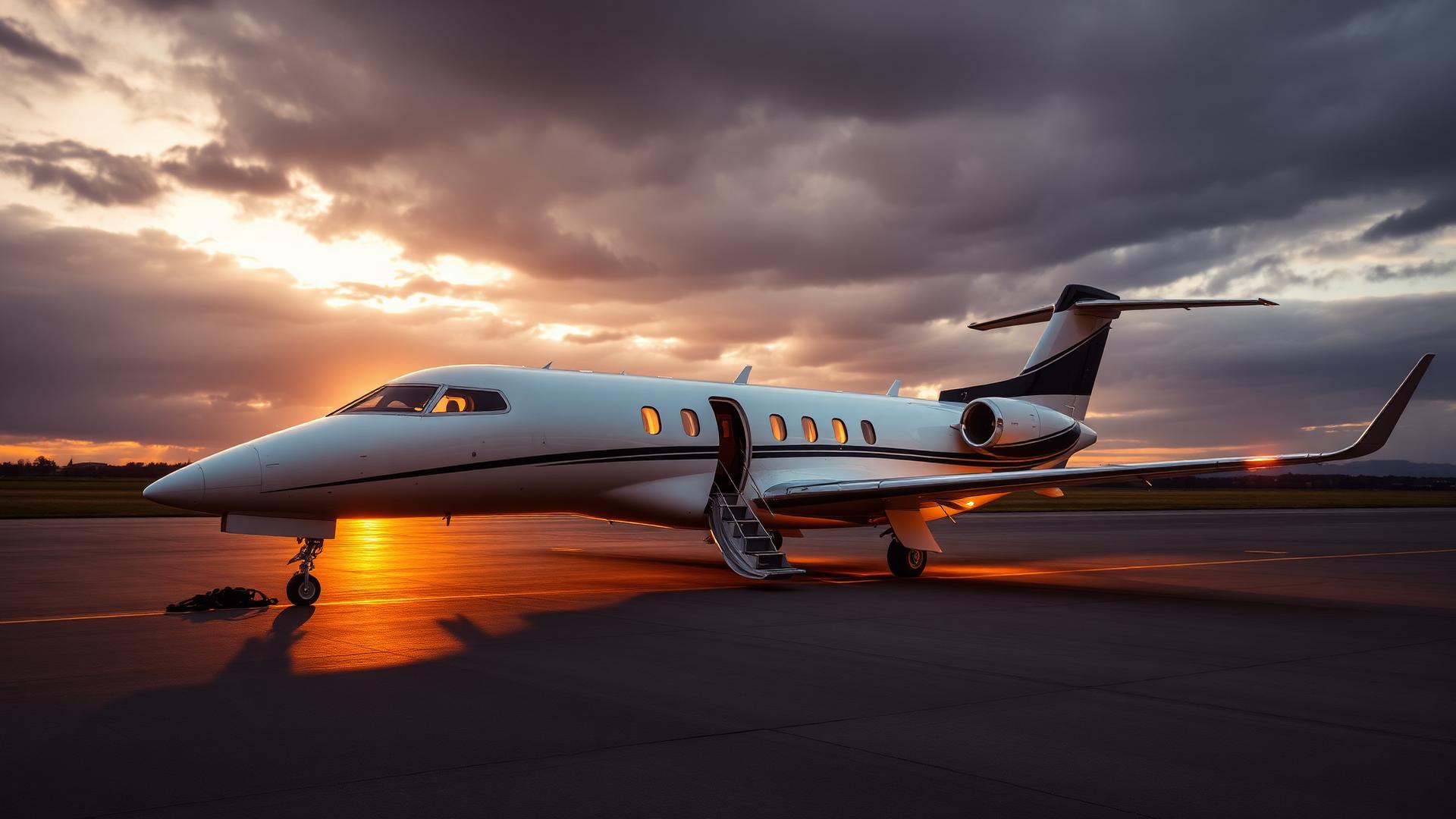 Private jet on tarmac at sunset