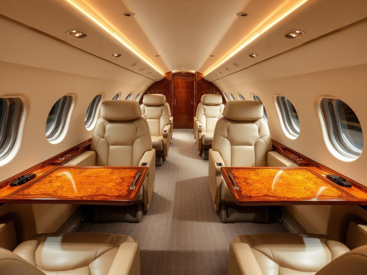 Bombardier Global 7500 — Executive cabin refit with burl walnut and champagne leather.