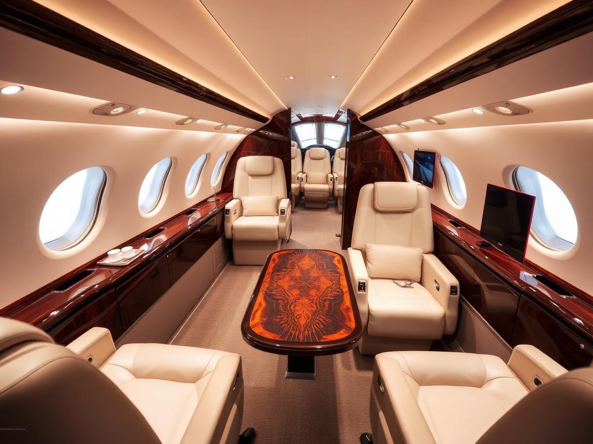 Gulfstream G650 — Conference-forward cabin with exotic veneer surfaces.