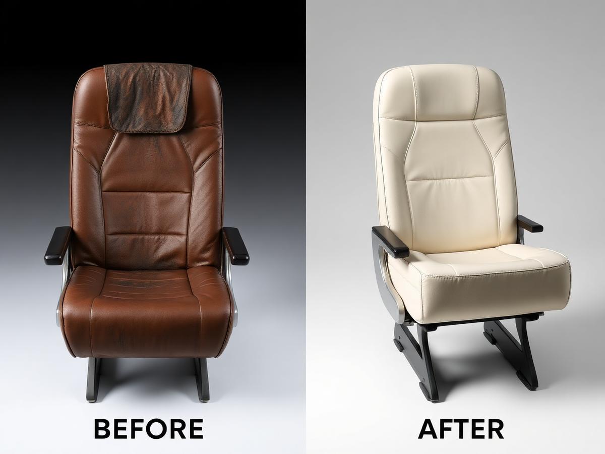 Learjet 45 Restoration — Complete seat renewal — worn cognac to pristine bone.