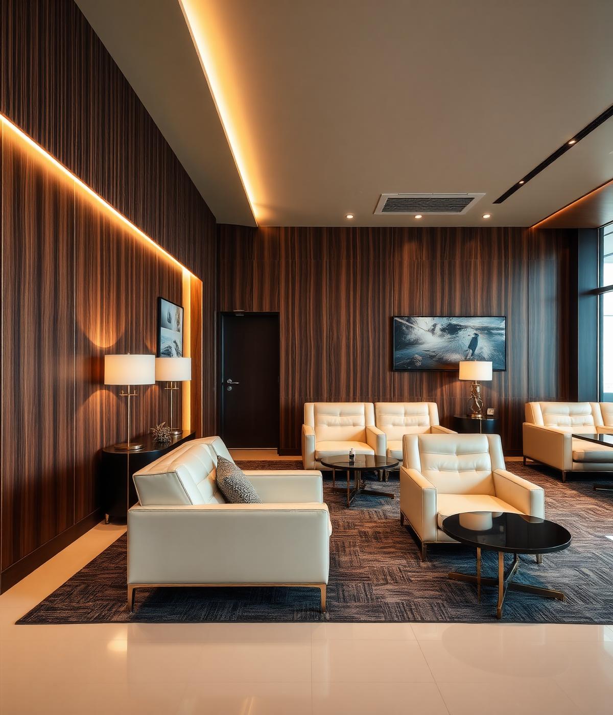 Private Terminal Lounge — Bespoke lounge in walnut veneer and vellum leather.